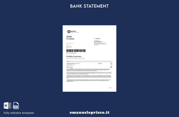 modello di parole dell'estratto conto bancario dell'India Kotak Mahindra in stil